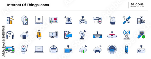 internet of things icon set. iot, technology, internet, things, digital, network, computer, smart, concept, data, business, communication. Vector outline fill icon illustration
