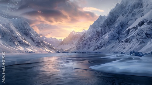Discover the serene majesty of frozen landscapes, where mountains reach for the sky and rivers wind through valleys with effortless grace. Marvel at the intricate details of this 8K masterpiece, photo