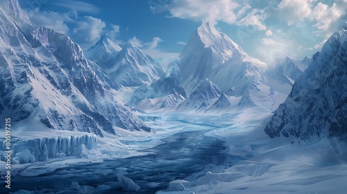 Discover the serene majesty of frozen landscapes  where mountains reach for the sky and rivers wind through valleys with effortless grace. Marvel at the intricate details of this 8K masterpiece 