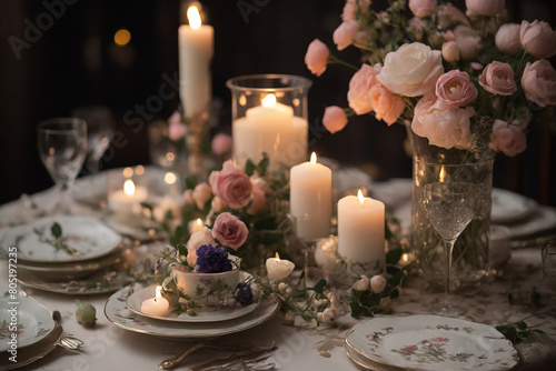 A cozy and intimate dinner for two, with flickering candlelight, soft music, and a table adorned with delicate flowers and fine china.