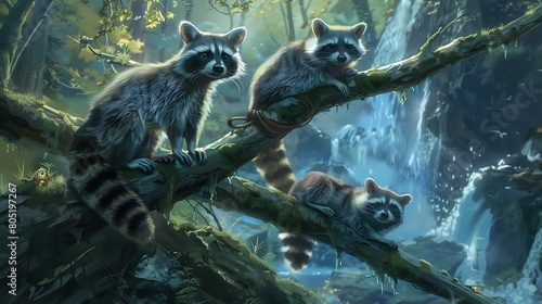 Embark on a journey through enchanted woodlands where raccoons sport tails resembling cascading waterfalls, their fur a tapestry of earthy hues beneath the moonlight. photo