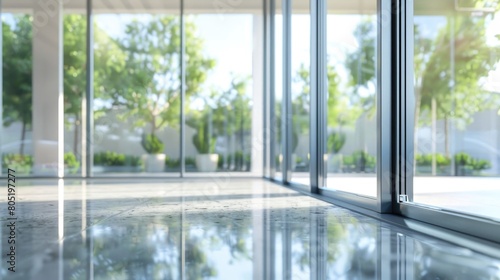A clear view of a building through a glass door. Suitable for architectural concepts