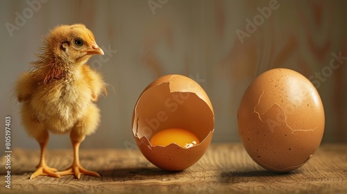 A baby chick stands next to a broken egg. photo