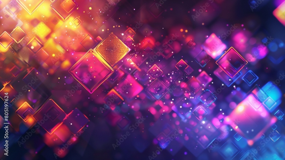 A background with glowing squares and sparkles in shades of purple, pink, orange, yellow, and blue. The background has an abstract design that includes geometric shapes such as triangles or diamonds. A background with glowing squares and sparkles in shades of purple, pink, orange, yellow, and blue. The background has an abstract design that includes geometric shapes such as triangles or diamonds.