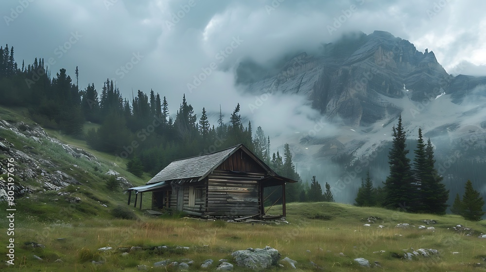 Embraced by the rugged beauty of the mountains, a humble cabin stands in quiet reverence, its weathered facade a testament to the passage of time, a refuge from the tumult of the world below.