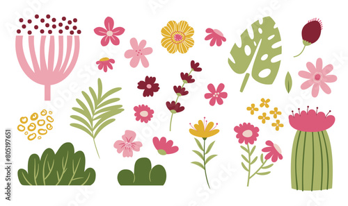 Flower collection with leaves, floral bouquets. Vector Simple Flowers. Spring art print with botanical elements. Happy Easter. Folk style. Posters for the spring holiday.