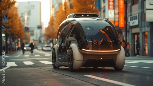 A robot driver is guiding a sophisticated autonomous car through urban roads © Lerson