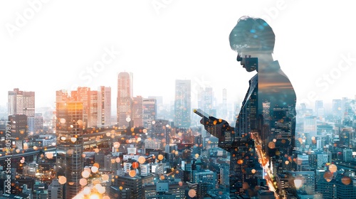 The double exposure image of the business man holding phone sunrise overlay with cityscape image.  photo