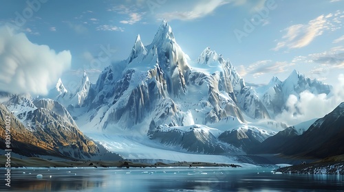 Enter a world of sublime tranquility, where mountains rise like giants from a sea of ice and rivers flow with graceful purpose. Immerse yourself in the pristine realism of this cinematic vista photo