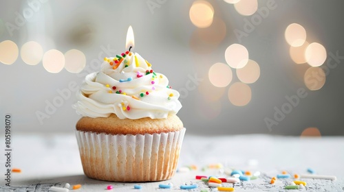A cupcake with white frosting and a single lit candle sits on a table against a blurry background of lights.