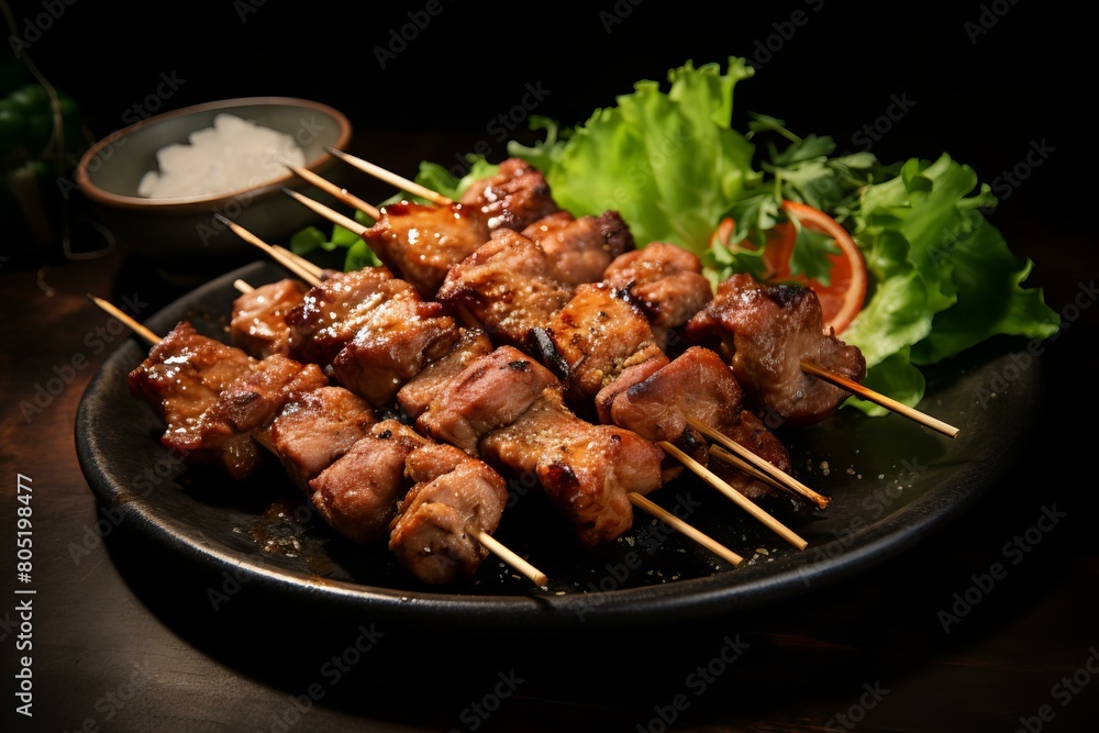 Seasoned Pork skewers raw. Cooking onion beef. Generate Ai