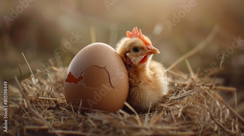 A cute baby chicken hatched from an egg. photo