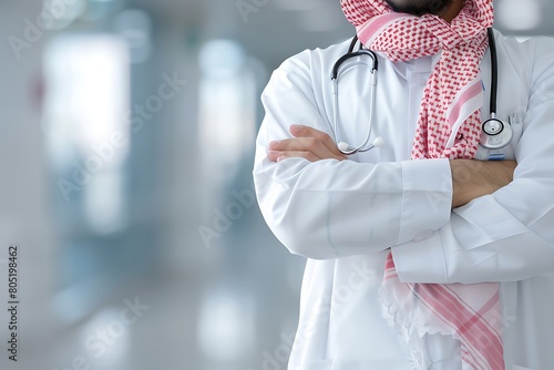 Saudi Gulf Arab man wearing a shemagh and white traditional dress, wearing a medical coat and a medical stethoscope in the hospital on blurred background. photo