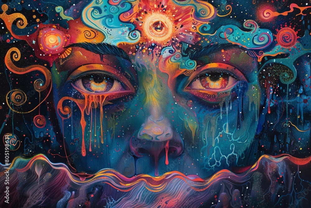 Explore the depths of consciousness with a traditional art medium by depicting a rear view in DMT style, with swirling patterns, vivid hues, and a sense of transcendence, evoking a surreal and otherwo Explore the depths of consciousness with a traditional art medium by depicting a rear view in DMT style, with swirling patterns, vivid hues, and a sense of transcendence, evoking a surreal and otherwo