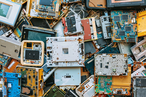 Disassembled gadgets pile, highlighting the waste generated by consumer electronics 