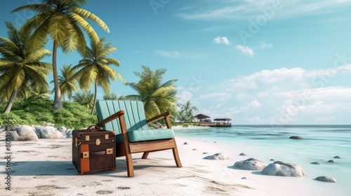 chairs and piles of luggage on a tropical beach.AI generated image