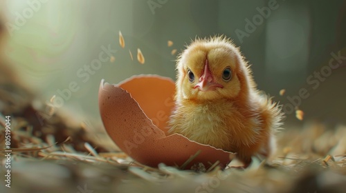 A cute baby chicken just hatched from its egg. photo