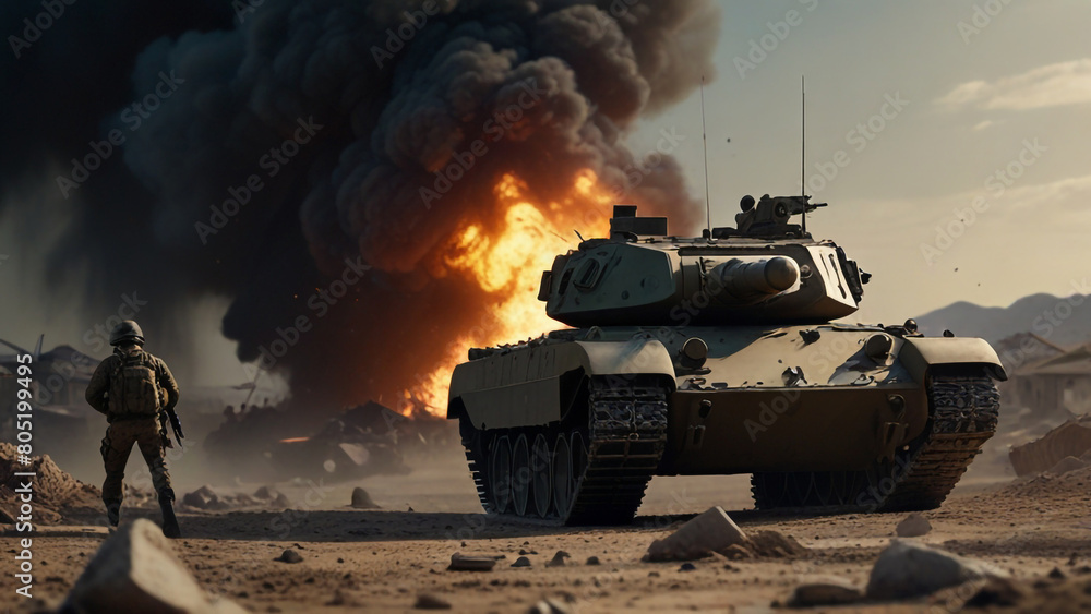 Fototapeta premium A soldier stands resolutely with a firearm as a tank passes by his side. In the backdrop, flames engulf a scene of devastation, with ruined buildings and debris scattered around