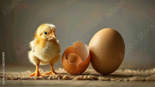 A cute baby chicken standing next to a broken egg.