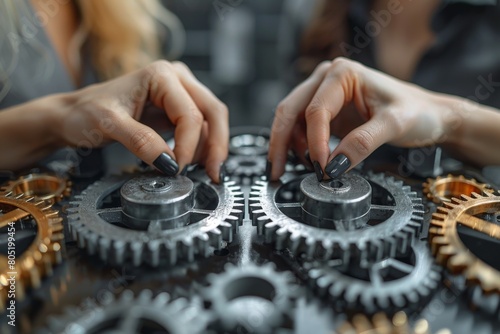 Hands of a person adjusting complex machinery gears, symbolizing precision and engineering expertise