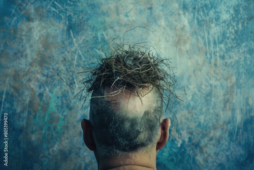 A man with unruly hair on top of his head. Can be used for hair care or styling concepts photo