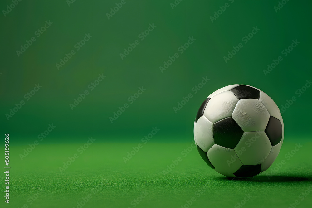 A soccer ball positioned as if in mid-kick, set against a dynamic field green background with copy space for team sports or event promotions A soccer ball positioned as if in mid-kick, set against a dynamic field green background with copy space for team sports or event promotions