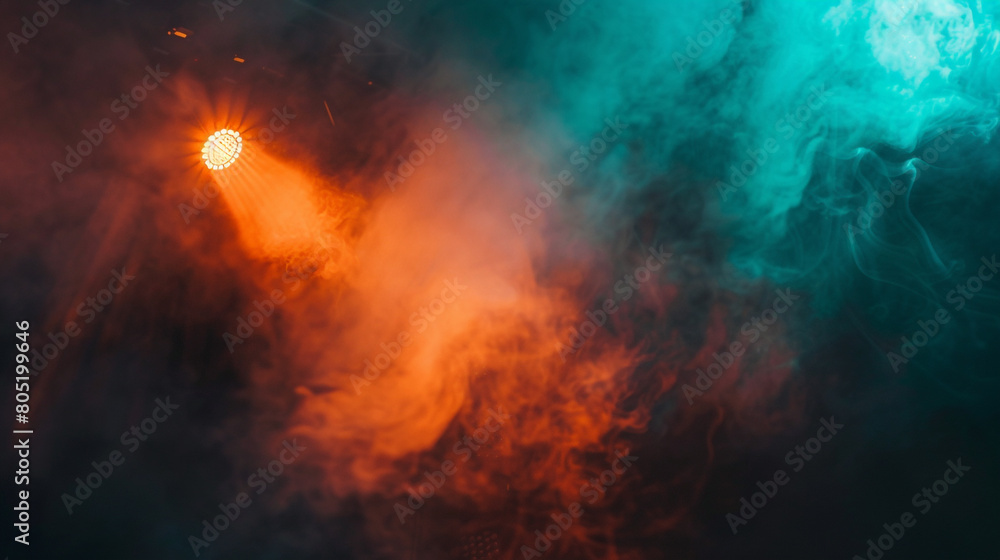 Deep teal smoke wafting over a stage under a bright orange spotlight, creating a cool, refreshing visual contrast.