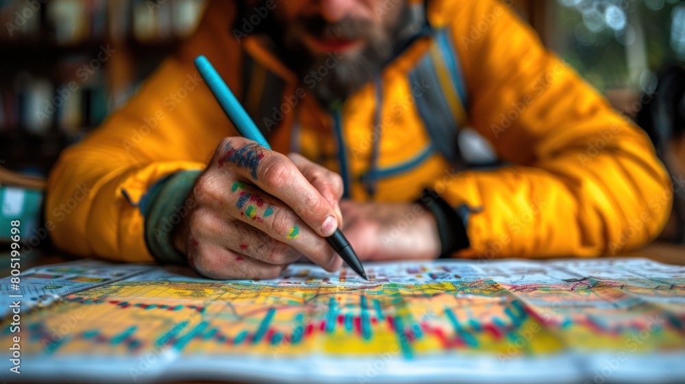 The Navigators Quest: Man in Yellow Jacket Mapping Out Adventure The Navigators Quest: Man in Yellow Jacket Mapping Out Adventure
