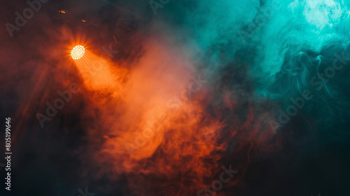 Deep teal smoke wafting over a stage under a bright orange spotlight  creating a cool  refreshing visual contrast.