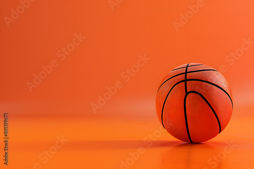 A classic basketball resting on a hardwood floor illusion, against a game day orange background with copy space for league or training content