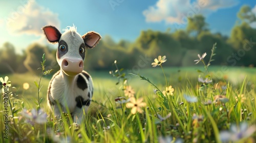 A cute baby cow standing in a green field of grass and flowers photo