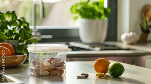 A clear plastic pill container among everyday items on a kitchen counter, illustrating its role in daily health routines