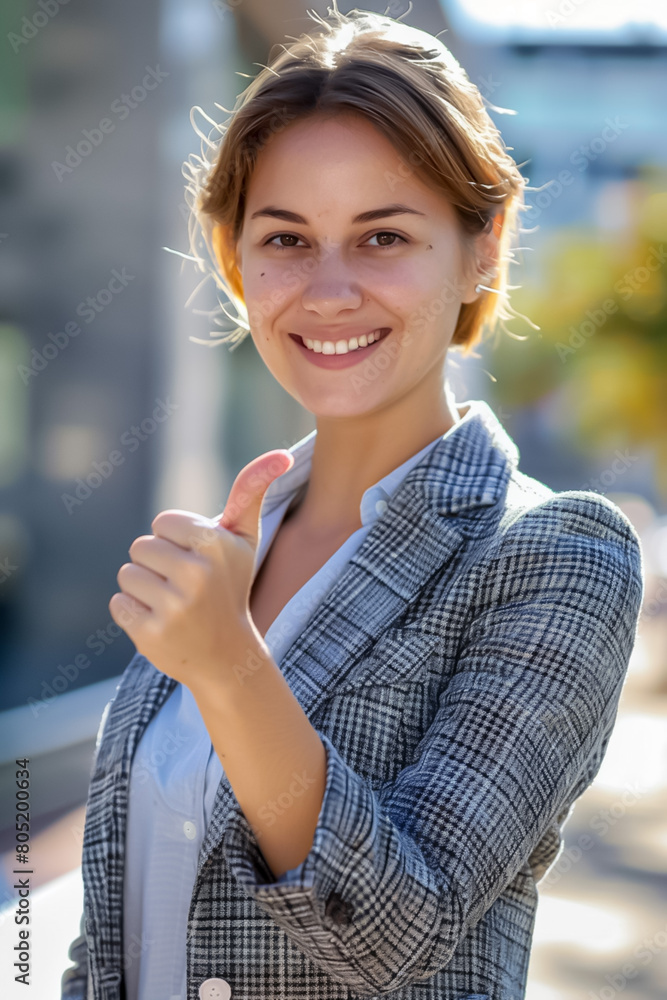 A woman is smiling and giving a thumbs up