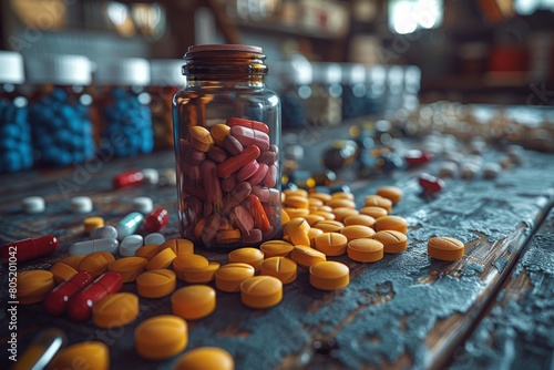 A glass amber bottle with various kinds of colorful pills on a wooden table, suggesting medication management photo