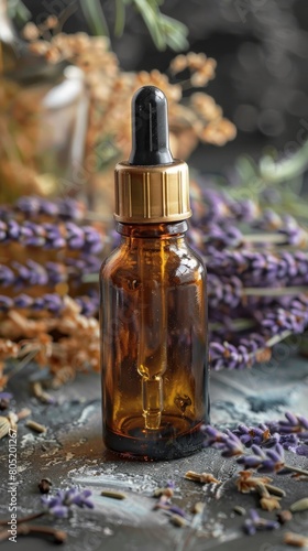 Closeup of an antiquestyle small glass bottle for essential oils, with a vintage brass dropper, set against a backdrop of dried lavender and herbs