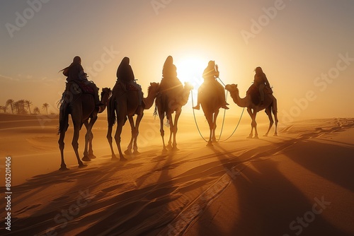 A caravan of camels and riders casts a striking silhouette against the golden sunset in the desert