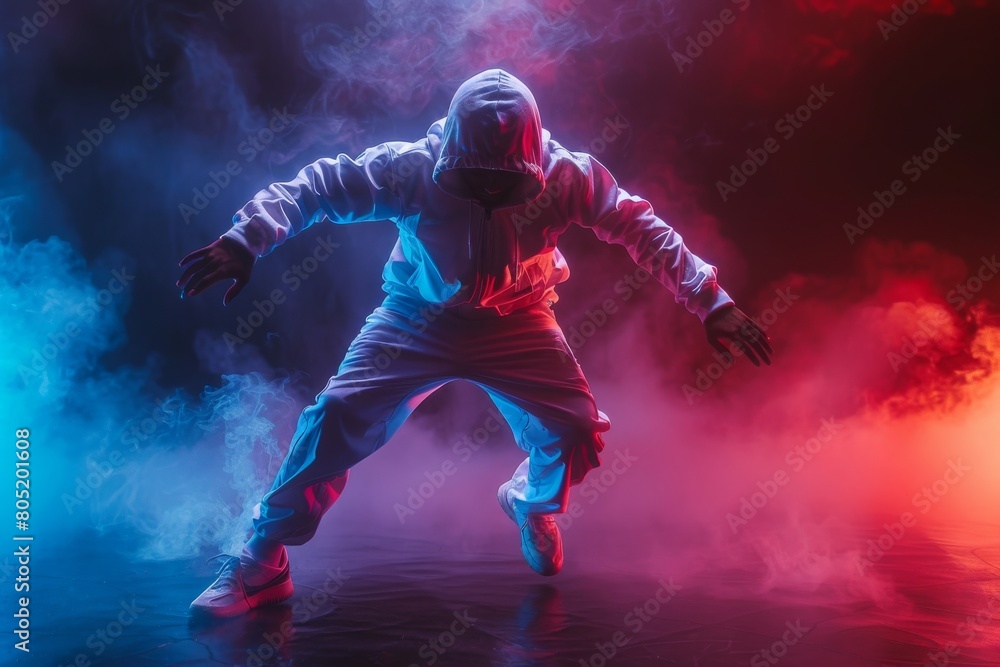 An artistically captured image of a dancer shrouded in purple and blue smoke, infusing mystery and dynamic movement in the scene
