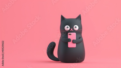 Black cat with smartphone in the studio scene. Ideas from the cuteness of Bombay cats.