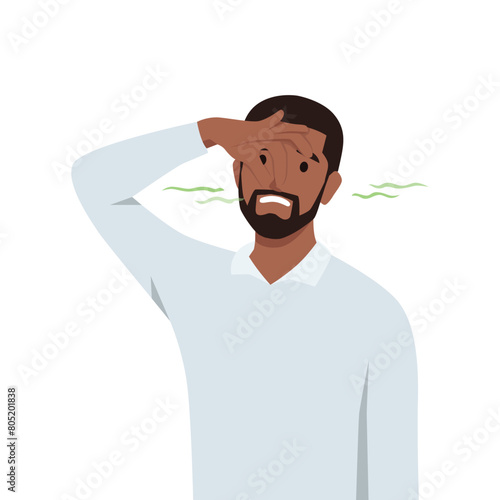 Young man holding fingers on nose. Man covering breath with hand for bad smell. Flat vector illustration isolated on white background
