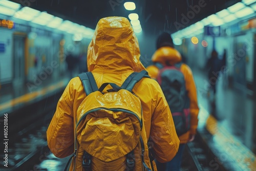 A commuter in a bright yellow raincoat stands out on a subway platform, likely waiting for a train in the rain