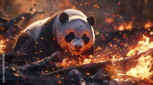 A panda bear stands in the middle of a raging forest fire. The flames lick at its fur, but the bear does not flinch. It is determined to survive.