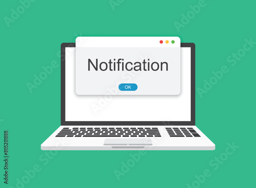 Laptop notification icon in flat style. Computer vector illustration on isolated background. Reminder message sign business concept.