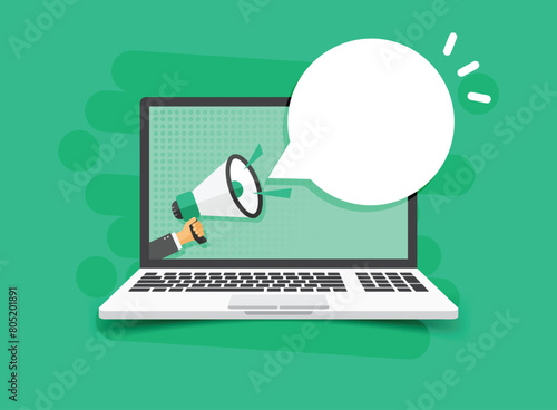 Laptop notification icon in flat style. Computer vector illustration on isolated background. Megaphone reminder sign business concept.