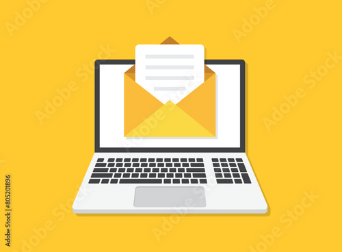 Laptop icon in flat style. Computer vector illustration on isolated background. Email notification sign business concept.