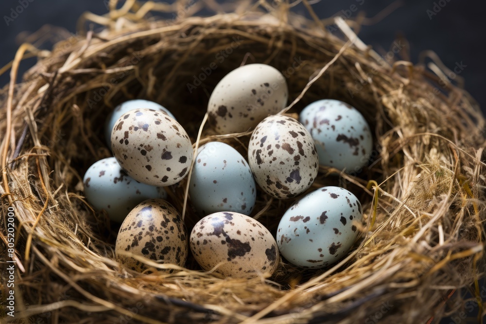 Fragile Quail eggs nest. Multicolored small and round objects with spots table. Generate AI Fragile Quail eggs nest. Multicolored small and round objects with spots table. Generate AI