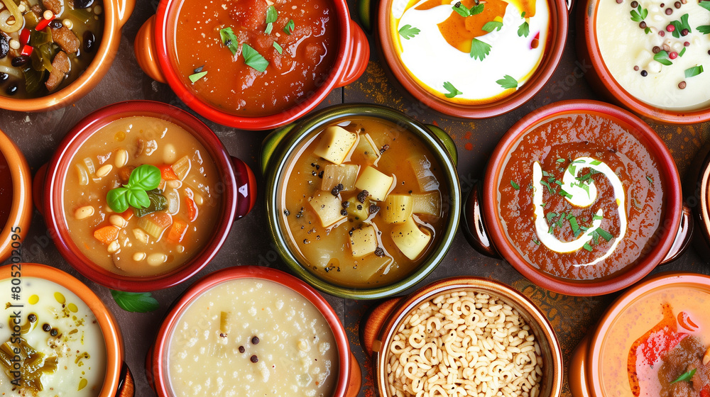 table filled with bowls of different soups and sauses from different countries cousine with vegetables or meat table filled with bowls of different soups and sauses from different countries cousine with vegetables or meat