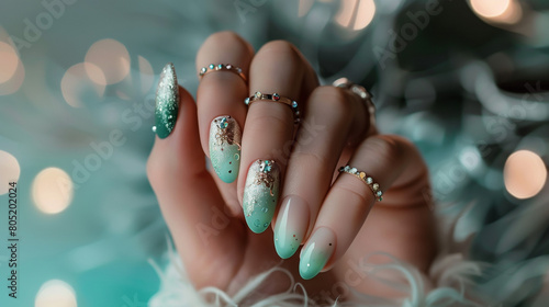 emerald-green nail art,beautiful,pale green nail art,transparent and slightly gradient woman wear a lot of golden rings photo