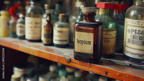 Hope represnting as a drug or medicine pill tablet situations when the hope is addictive and need a change old hopium liquid in a browm lab glass bottle photo