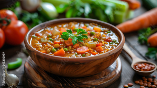 Lentil Stew with Vegetables, in ceramic pot Cooked lentils, Carrots. Celery, Crushed tomato