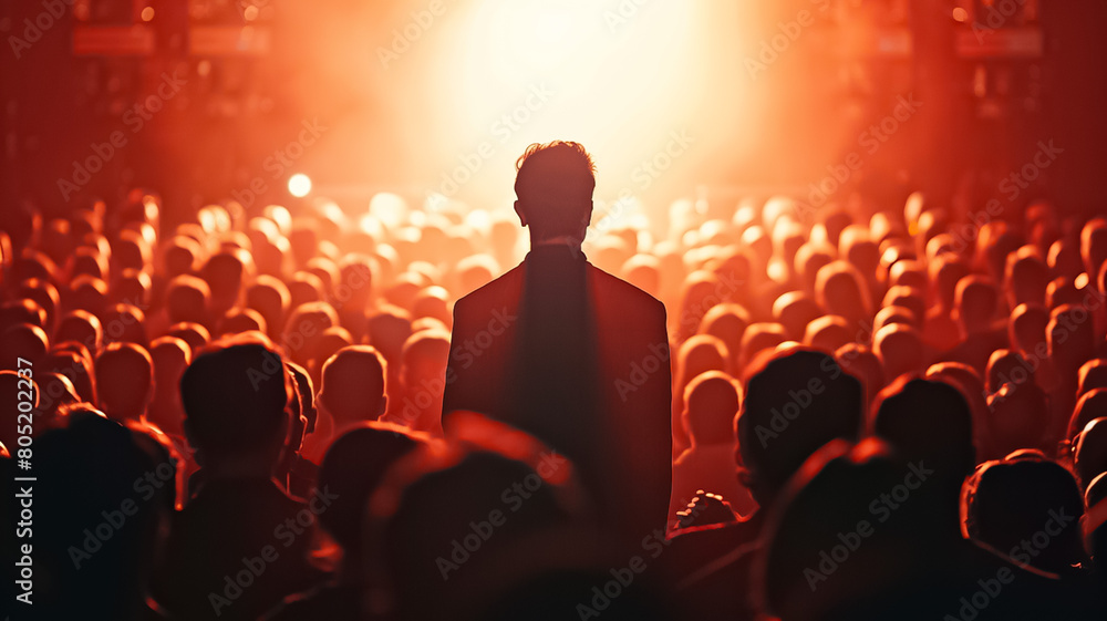 A man stands in front of a crowd of people, with the audience looking up at him